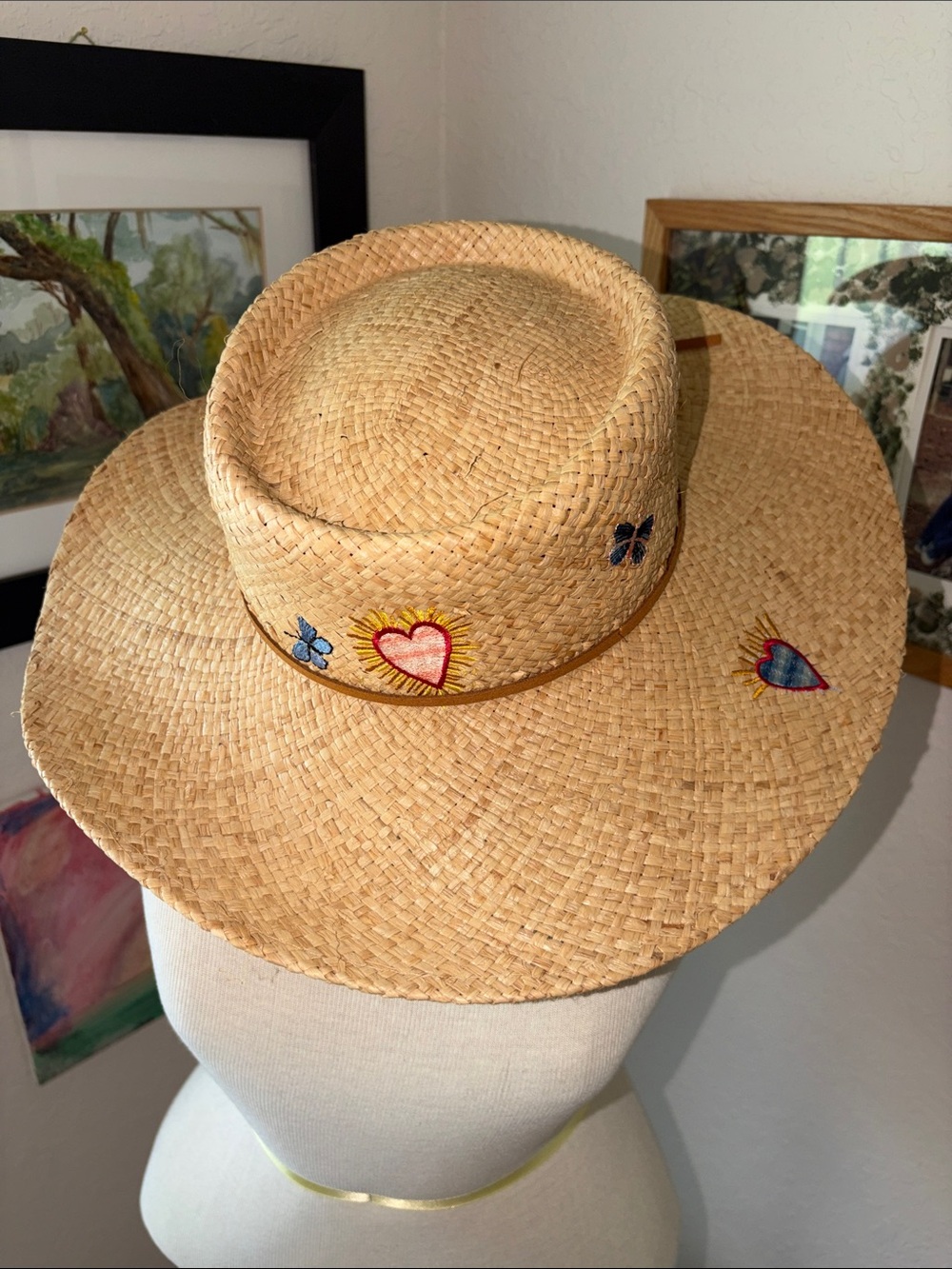 Johnny Was Straw Sun Hat with Embroidered Hearts and Butterflies - Natural